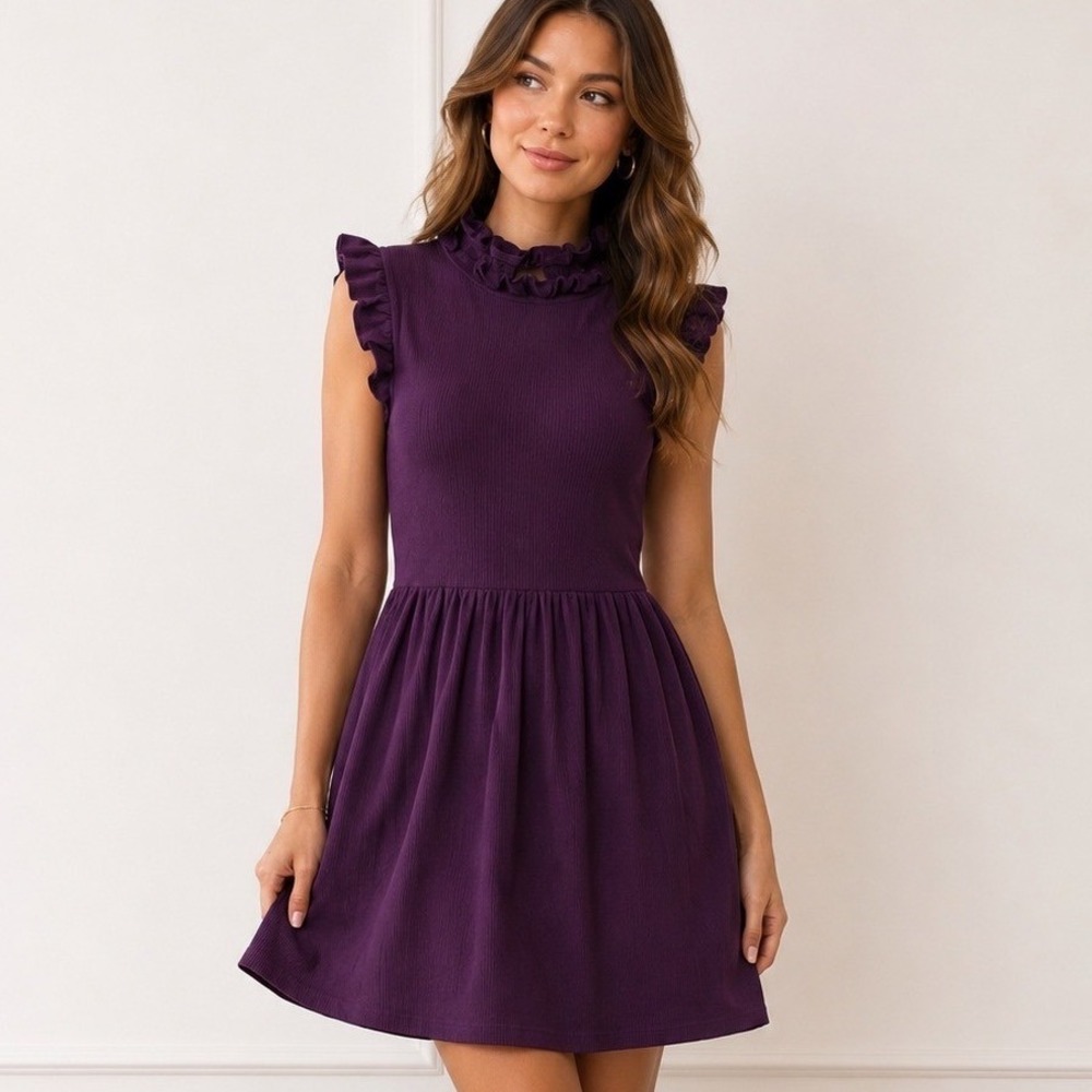 Alya Francesca's Plum Purple Ribbed Ruffle Neck Flutter Sleeve Mini Dress M